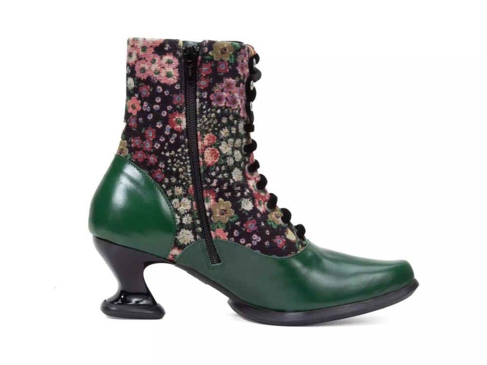 John Fluevog Amrita - Green Floral | Lace-Up Mid-Calf Boots