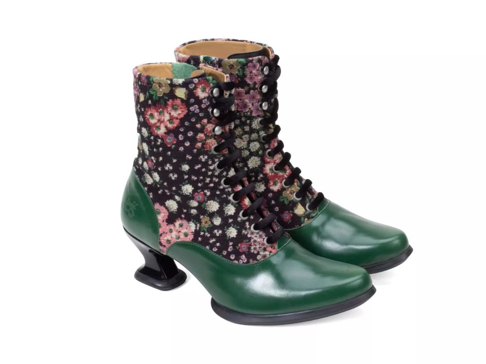 John Fluevog Amrita - Green Floral | Lace-Up Mid-Calf Boots