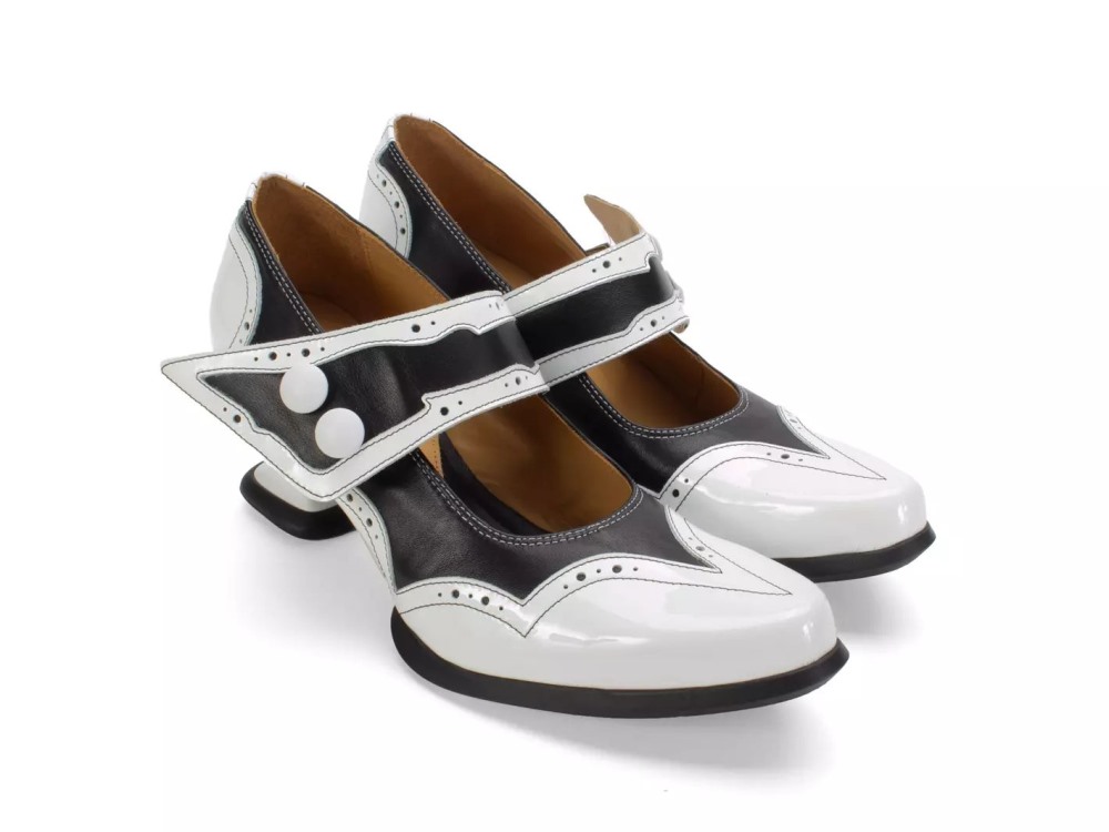 John Fluevog Dorothea - Black/White | Brogue Mary Janes with Flared Strap