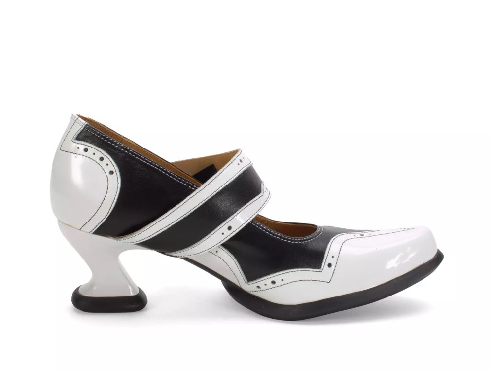 John Fluevog Dorothea - Black/White | Brogue Mary Janes with Flared Strap