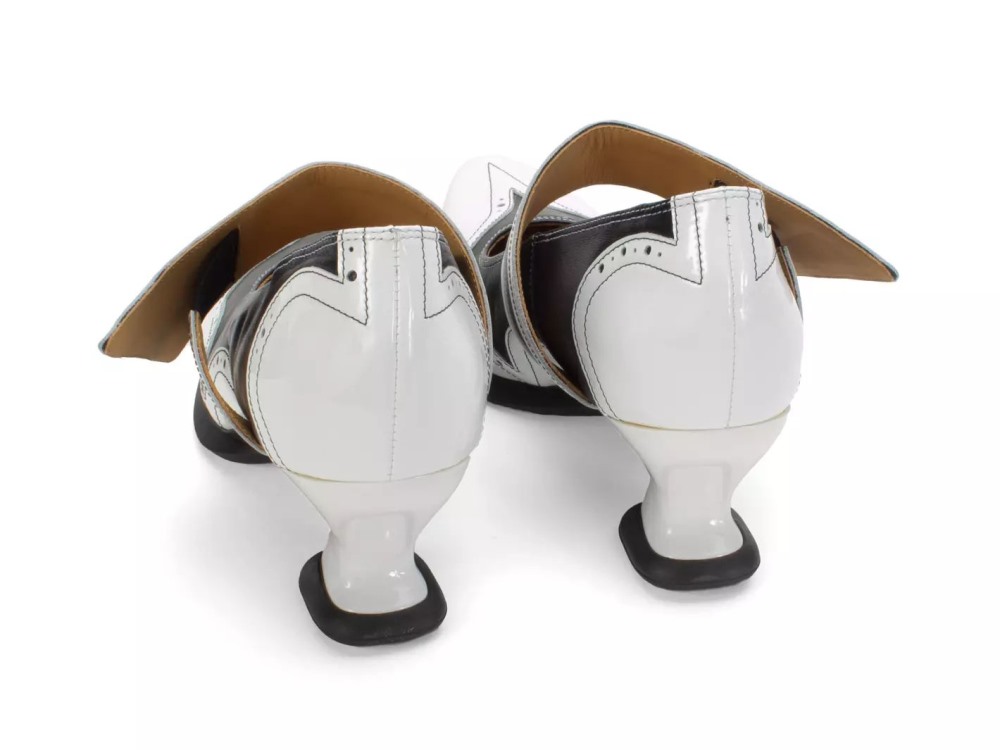 John Fluevog Dorothea - Black/White | Brogue Mary Janes with Flared Strap
