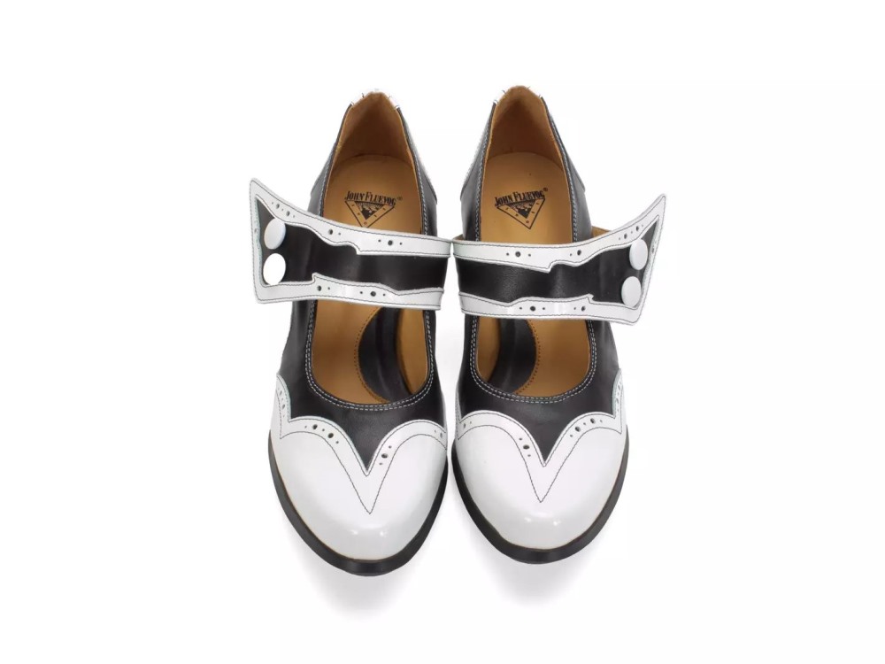 John Fluevog Dorothea - Black/White | Brogue Mary Janes with Flared Strap