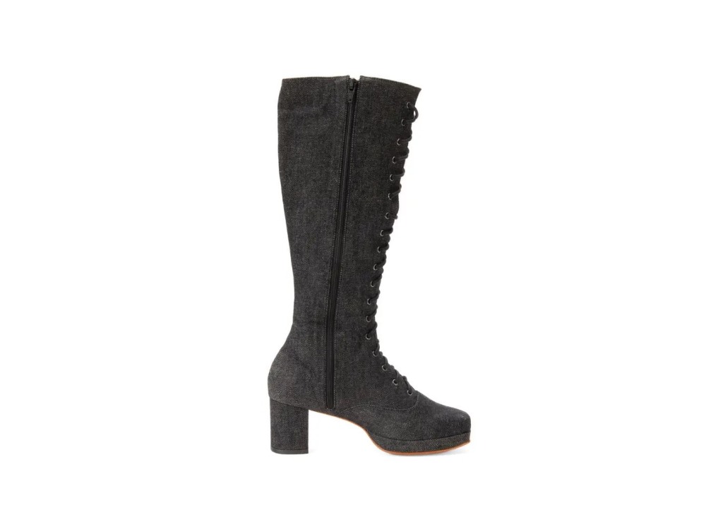John Fluevog Chrysalis - Black Denim | Zip-Up Tall Boot with Laces