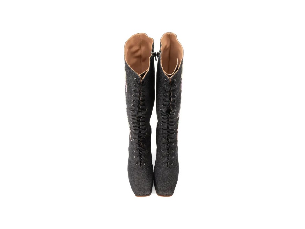 John Fluevog Chrysalis - Black Denim | Zip-Up Tall Boot with Laces