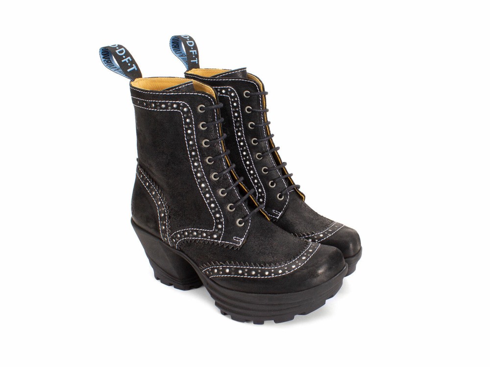 John Fluevog Bebop - Black | Metallic Mid Heel Brogue Boots