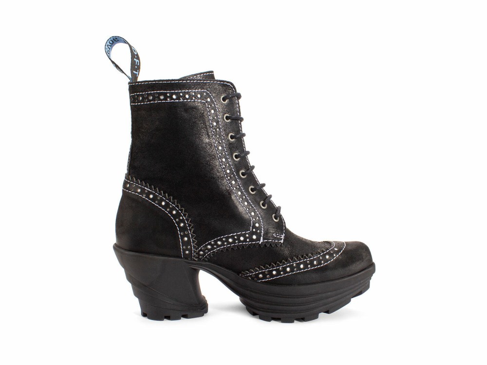 John Fluevog Bebop - Black | Metallic Mid Heel Brogue Boots
