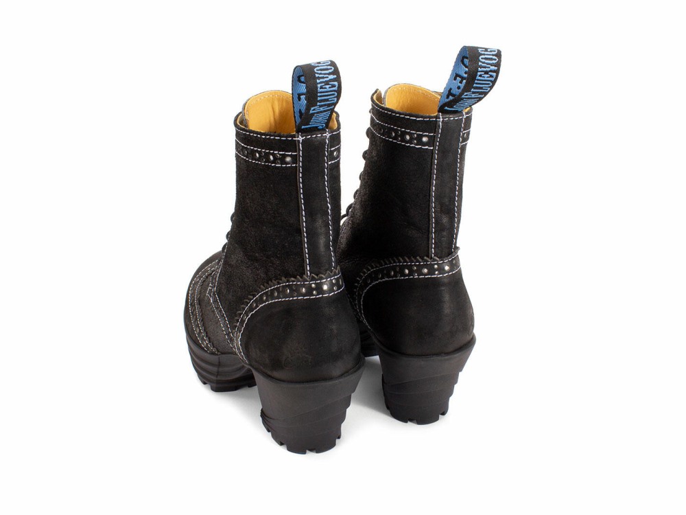John Fluevog Bebop - Black | Metallic Mid Heel Brogue Boots
