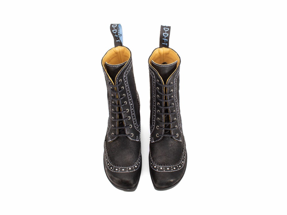 John Fluevog Bebop - Black | Metallic Mid Heel Brogue Boots