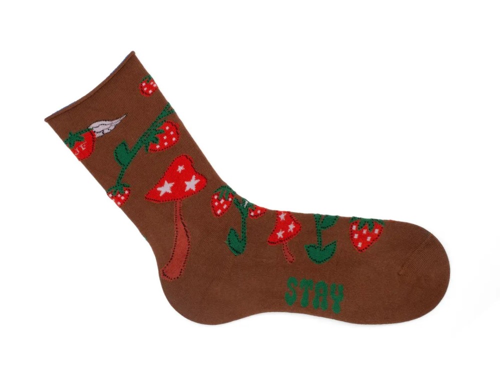 John Fluevog Neko Vog Socks - Brown/Red | Strawberry and mushroom sock
