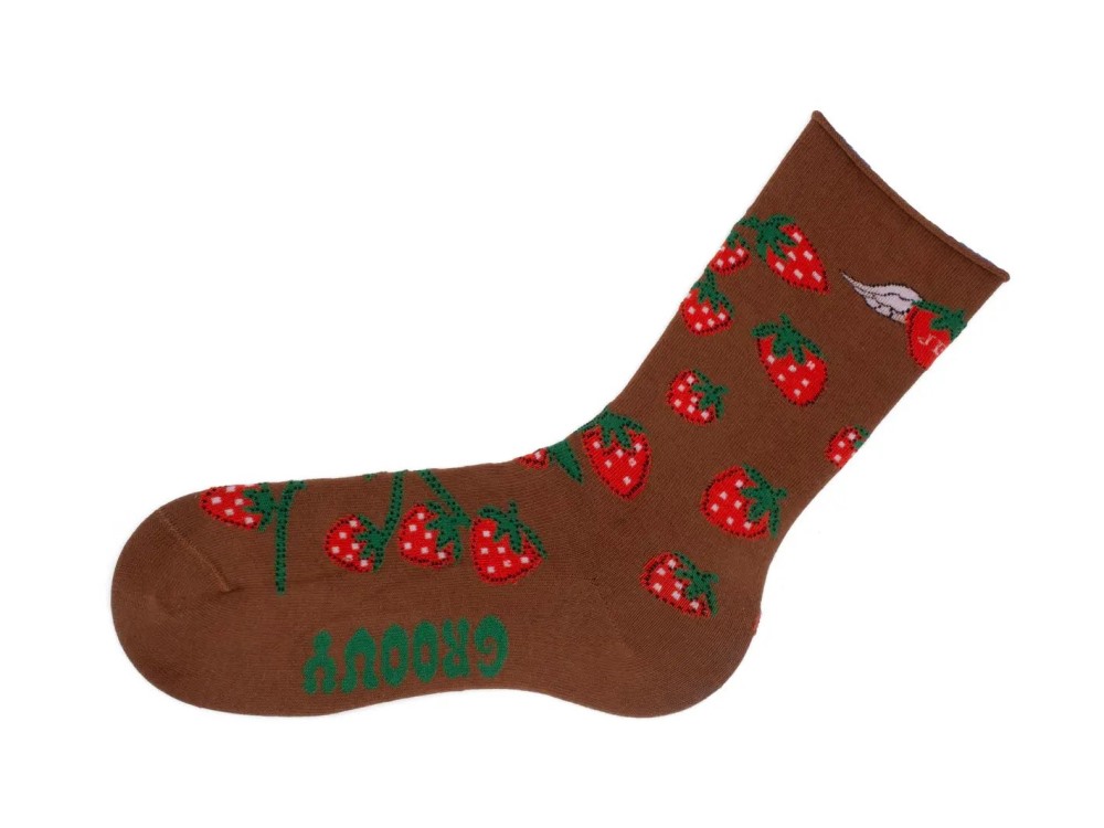 John Fluevog Neko Vog Socks - Brown/Red | Strawberry and mushroom sock