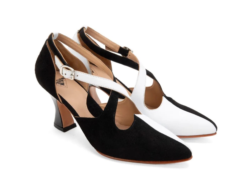John Fluevog Lisa Marie - Black/White | Elegant cross-strap heel