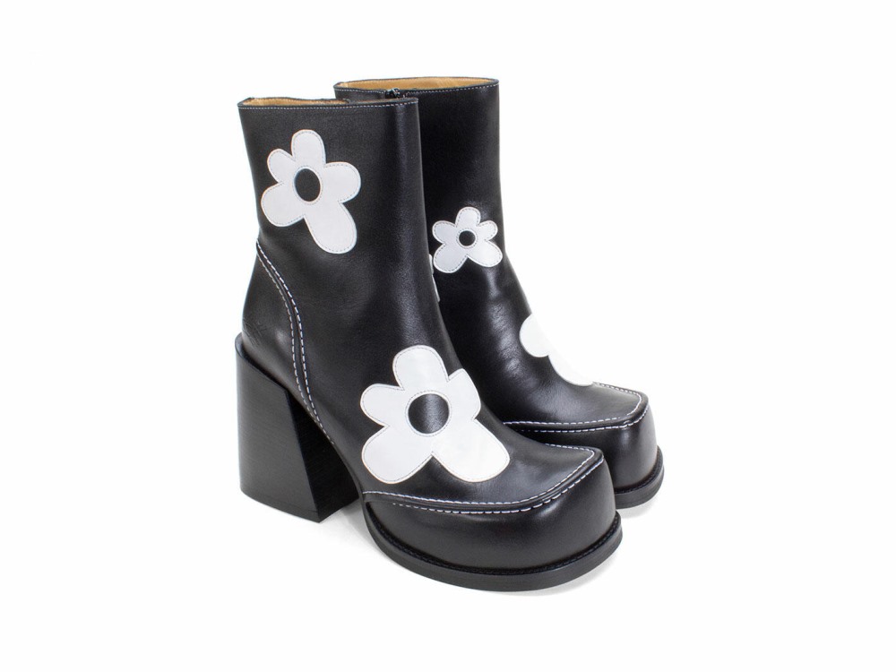 John Fluevog Rory - Black/White Floral | Flower Zip-Up Boots