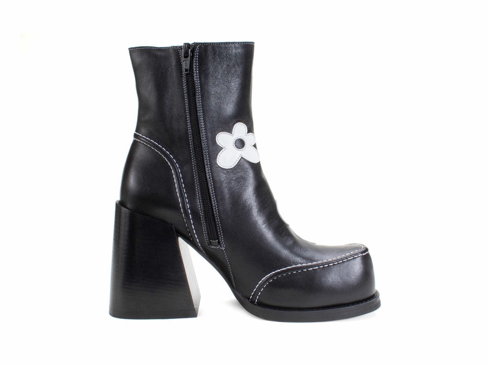 John Fluevog Rory - Black/White Floral | Flower Zip-Up Boots