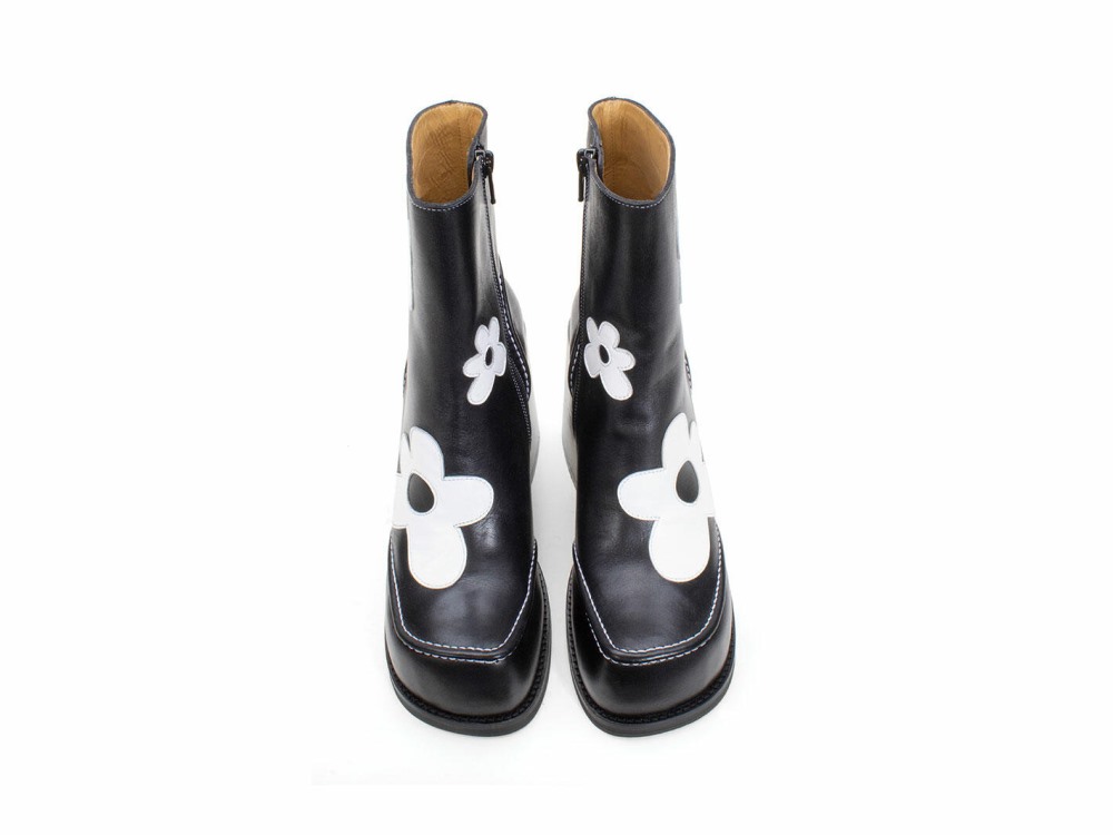 John Fluevog Rory - Black/White Floral | Flower Zip-Up Boots