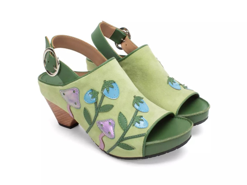 John Fluevog Christy - Light Green/Blue/Brown | Slingback Sandals with Appliqué