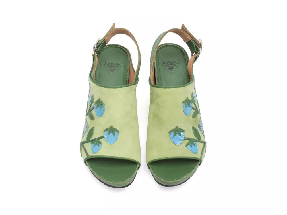 John Fluevog Christy - Light Green/Blue/Brown | Slingback Sandals with Appliqué