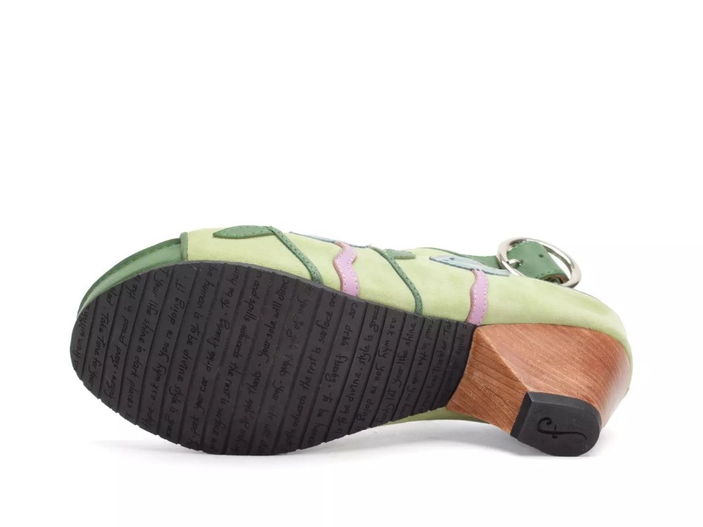 John Fluevog Christy - Light Green/Blue/Brown | Slingback Sandals with Appliqué
