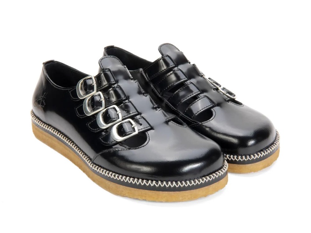 John Fluevog Hula Hoop - Black | Multi-Strap Crepe Sole Shoes