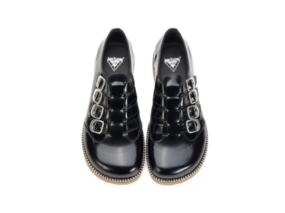 John Fluevog Hula Hoop - Black | Multi-Strap Crepe Sole Shoes