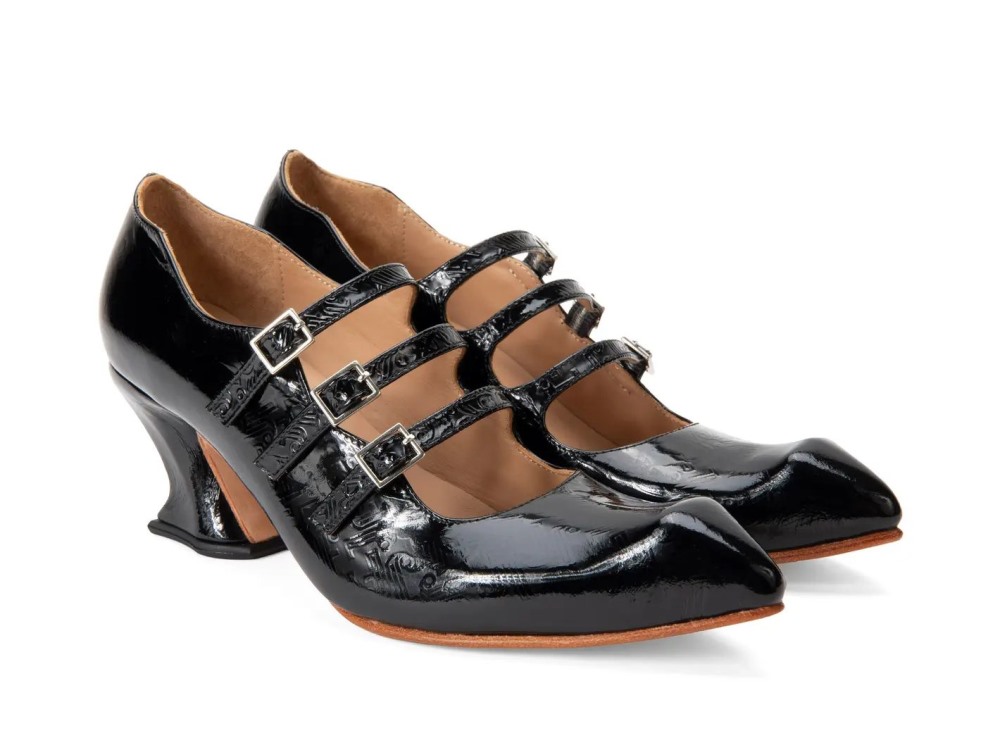 John Fluevog Bach - Black Emboss | Triple-Strap Mary Jane Heels