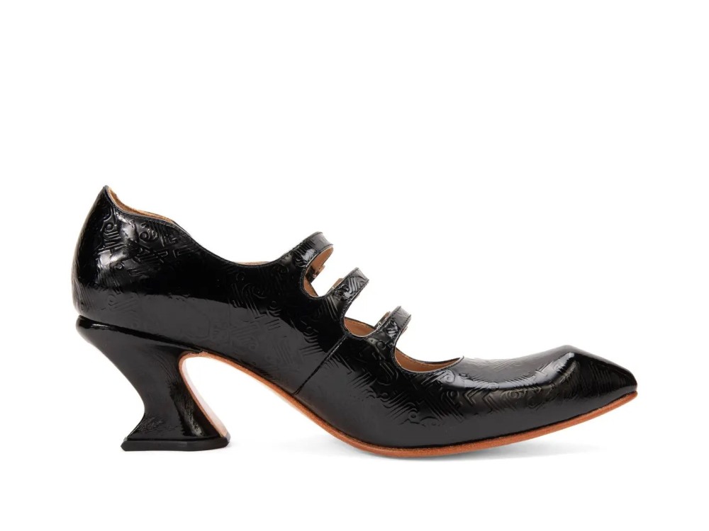 John Fluevog Bach - Black Emboss | Triple-Strap Mary Jane Heels