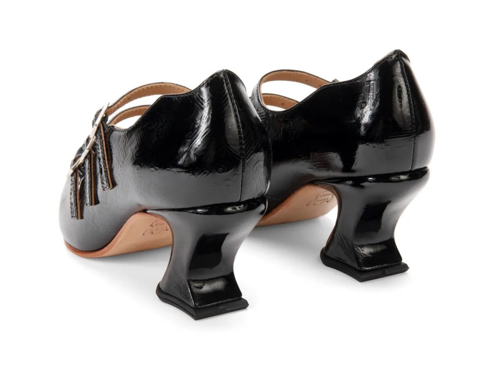 John Fluevog Bach - Black Emboss | Triple-Strap Mary Jane Heels