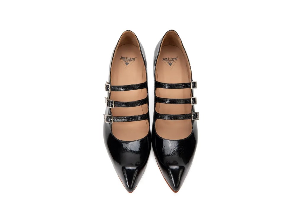John Fluevog Bach - Black Emboss | Triple-Strap Mary Jane Heels