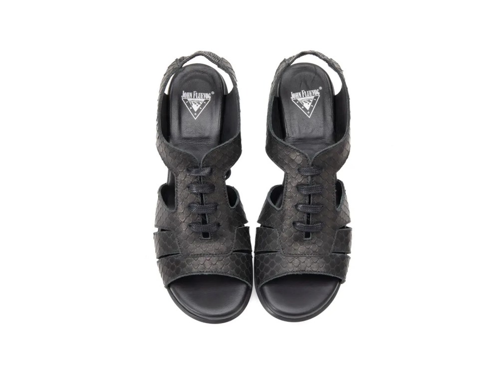 John Fluevog Anticipation - Black Scale | Lace-Up Slingback Sandals