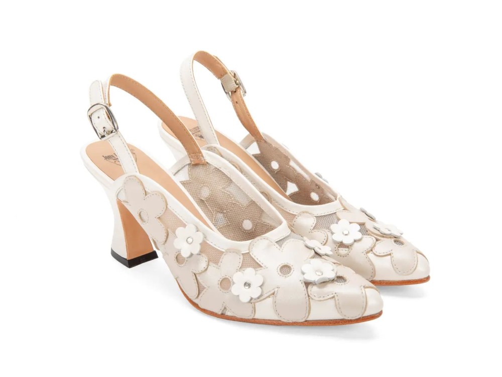 John Fluevog Kiernan - Off White | Mesh Slingback Heels with Appliqué
