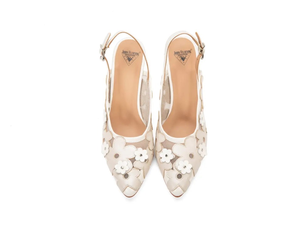 John Fluevog Kiernan - Off White | Mesh Slingback Heels with Appliqué