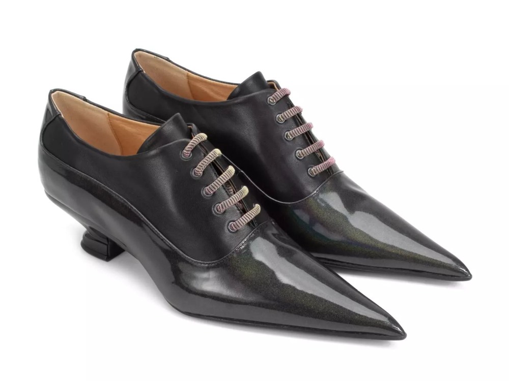 John Fluevog Jenne - Black Metallic | Elegant Lace-Up Heels