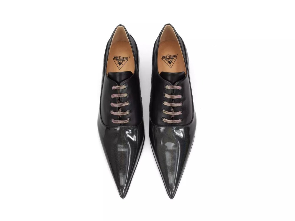 John Fluevog Jenne - Black Metallic | Elegant Lace-Up Heels