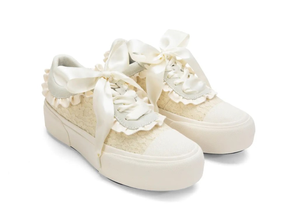 John Fluevog Cane - Cream | Lace-Up Shoes with Ruffles