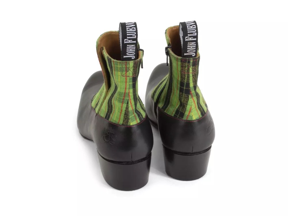 John Fluevog Arthur - Black/Green Plaid | Zip-Up Ankle Boots