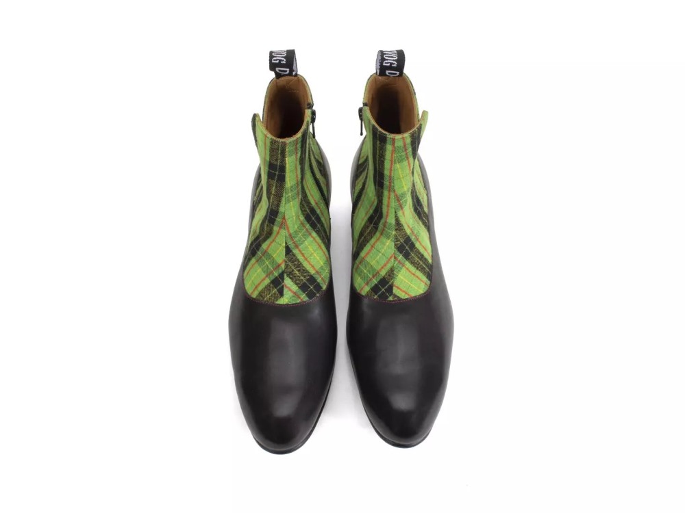 John Fluevog Arthur - Black/Green Plaid | Zip-Up Ankle Boots