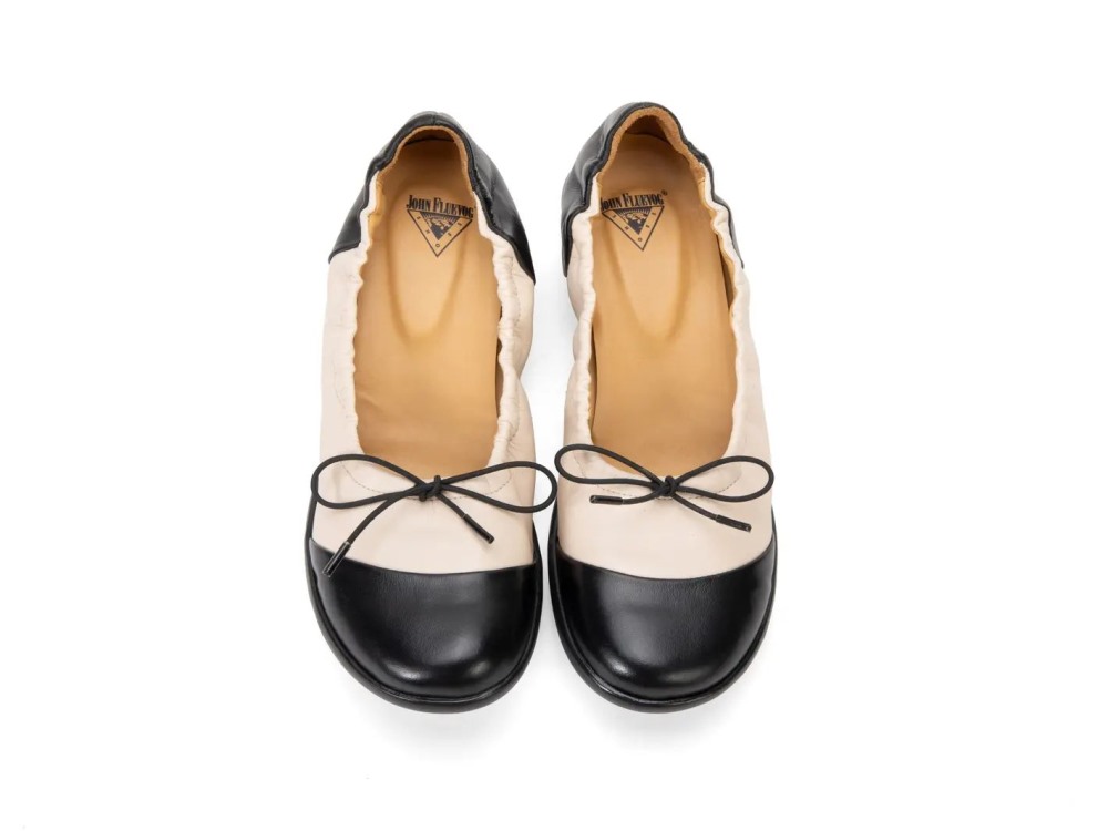 John Fluevog Laurene - Black/Cream | Comfy Flats With Drawstring