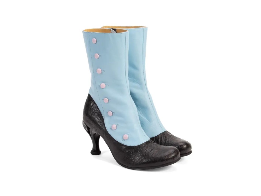 John Fluevog Belinda - Blue/Black | Zip-Up Mid-Calf Boots with Buttons