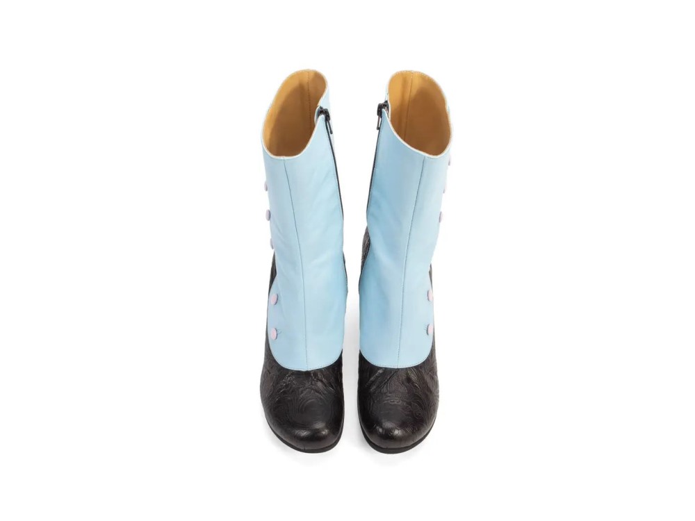 John Fluevog Belinda - Blue/Black | Zip-Up Mid-Calf Boots with Buttons