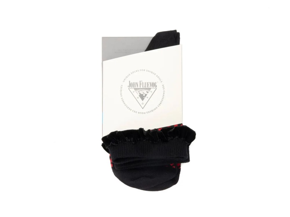 John Fluevog Mocha - Black/Red | Velvet Ruffle Cuff Socks