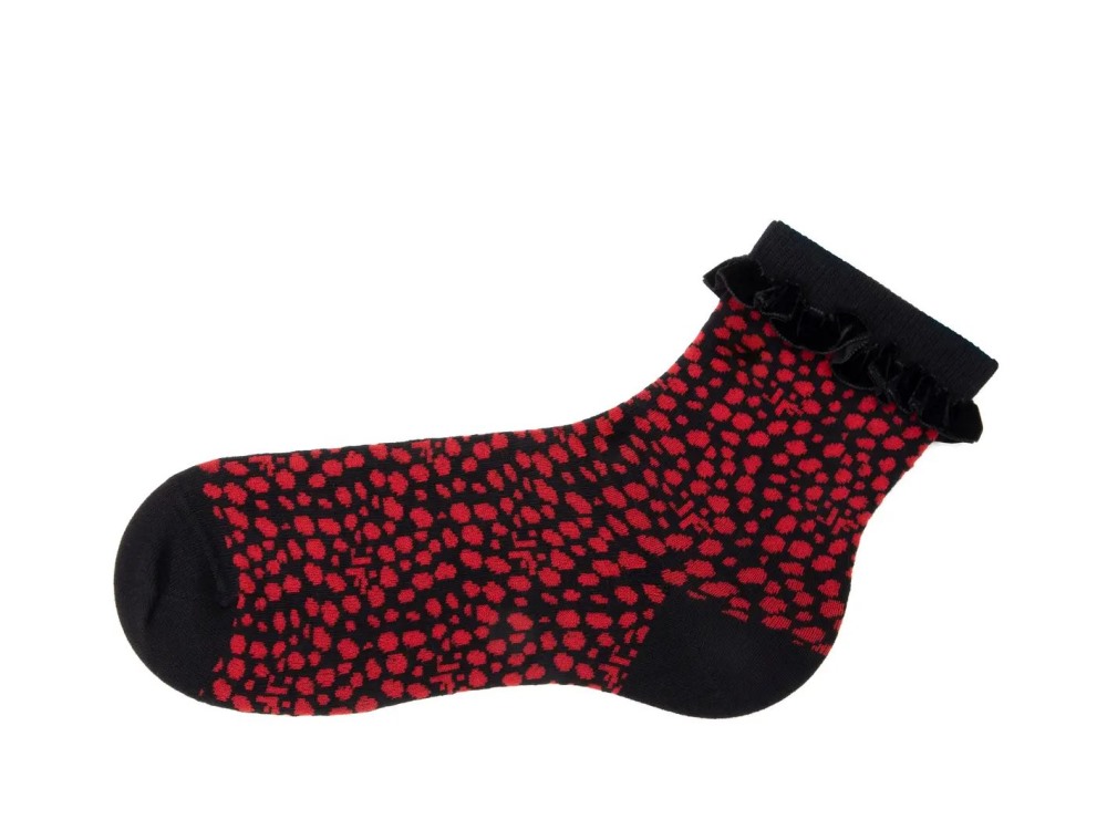 John Fluevog Mocha - Black/Red | Velvet Ruffle Cuff Socks