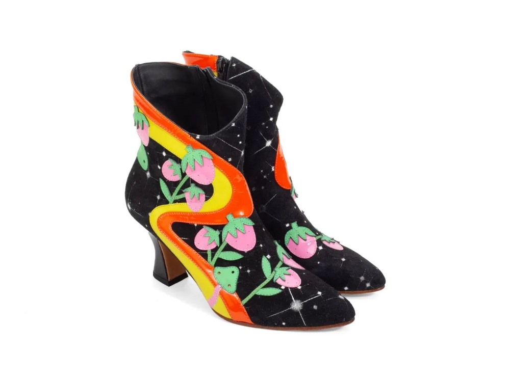 John Fluevog Franz - Black Combo | Ankle Boots with Psychedelic Appliqué
