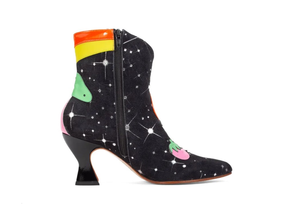 John Fluevog Franz - Black Combo | Ankle Boots with Psychedelic Appliqué