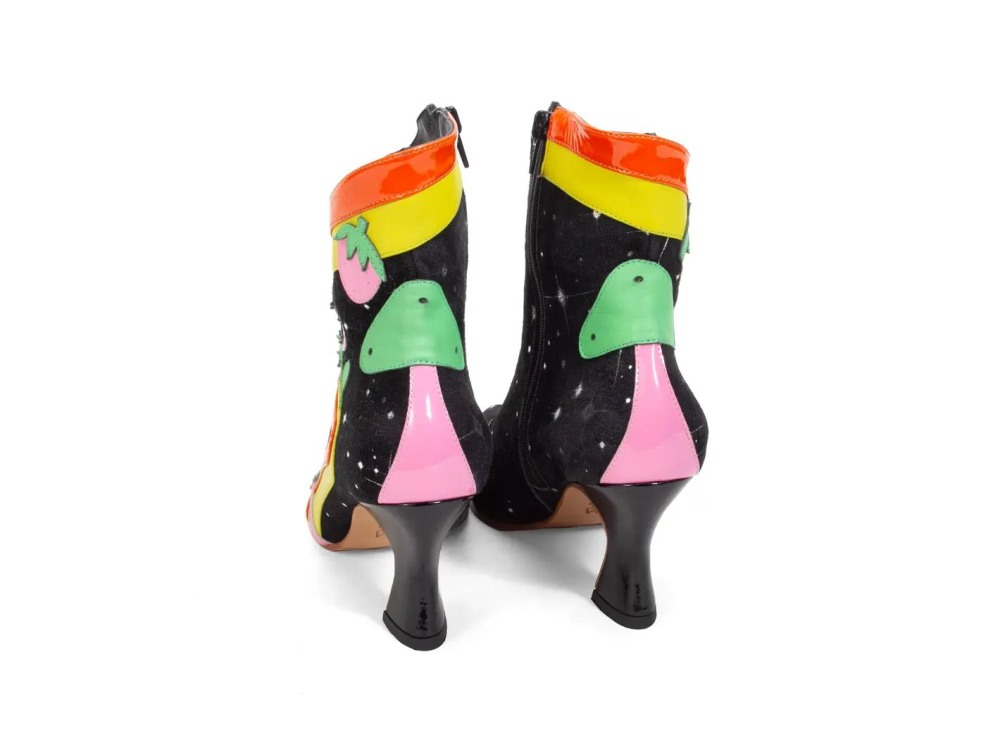 John Fluevog Franz - Black Combo | Ankle Boots with Psychedelic Appliqué