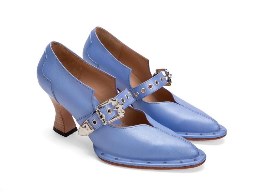 John Fluevog Lara - Pearlized Blue | Western Mary Jane Heels