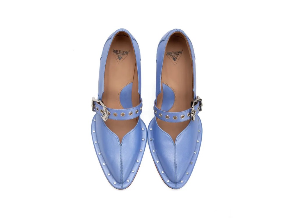 John Fluevog Lara - Pearlized Blue | Western Mary Jane Heels