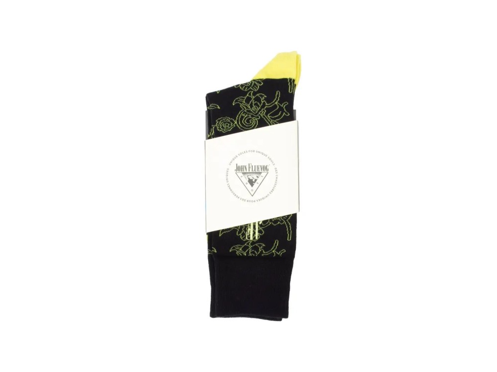 John Fluevog Xay Xay Vog Socks - Black/Yellow | Floral sock