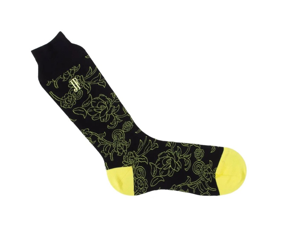 John Fluevog Xay Xay Vog Socks - Black/Yellow | Floral sock